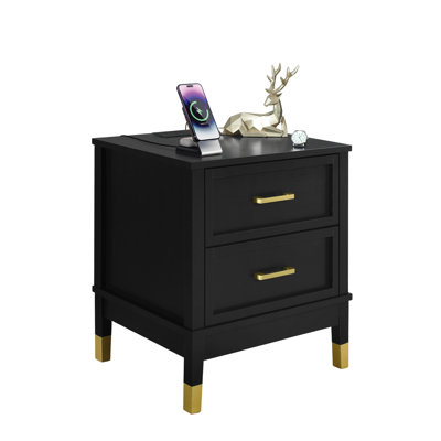  Walter 2 Drawer Nightstand with Charging Station, Bedside Table with Storage Drawers, Night Stand for Bedroom, End Table or Side Table for Living Room, 15.5" D x 18.7" W x 21.7" H, Black