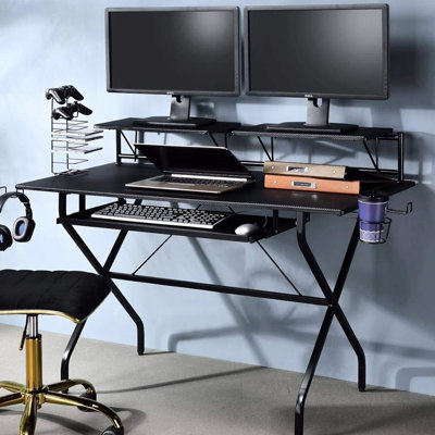 Black Computer Desk With Rectangular Shape, Keyboard Tray, Metal Frame, And Shelf Storage For Gaming Productivity In Media Rack, Cup - Holder, Two Mon