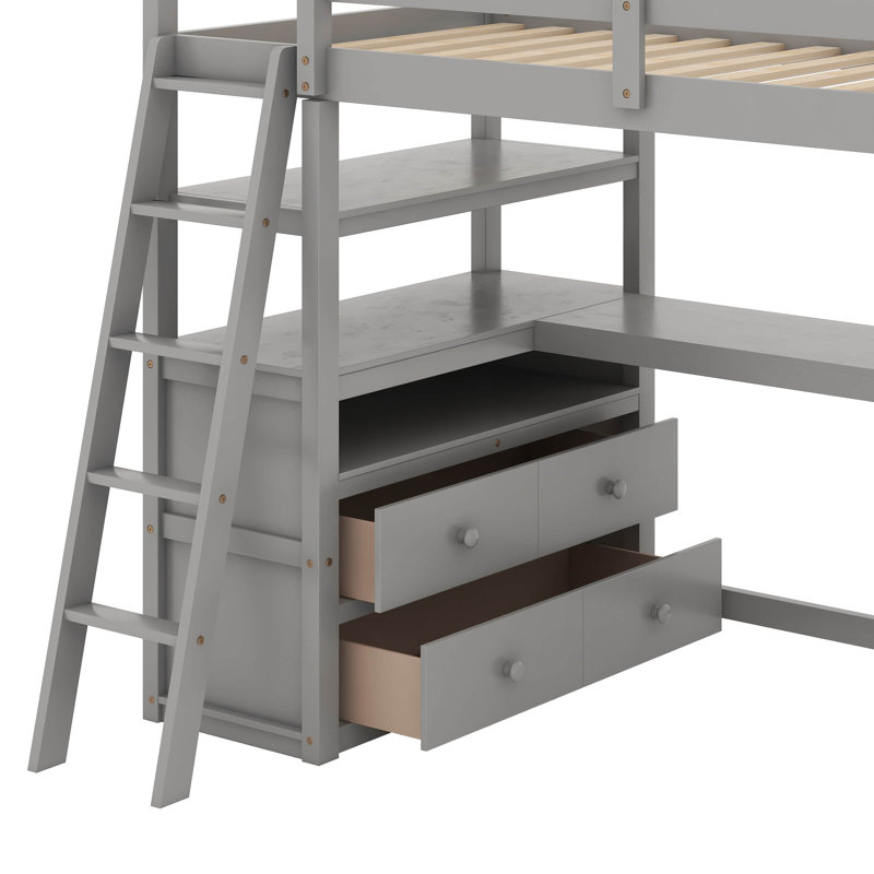 Lit mezzanine simple avec bureau et tablettes, Gris