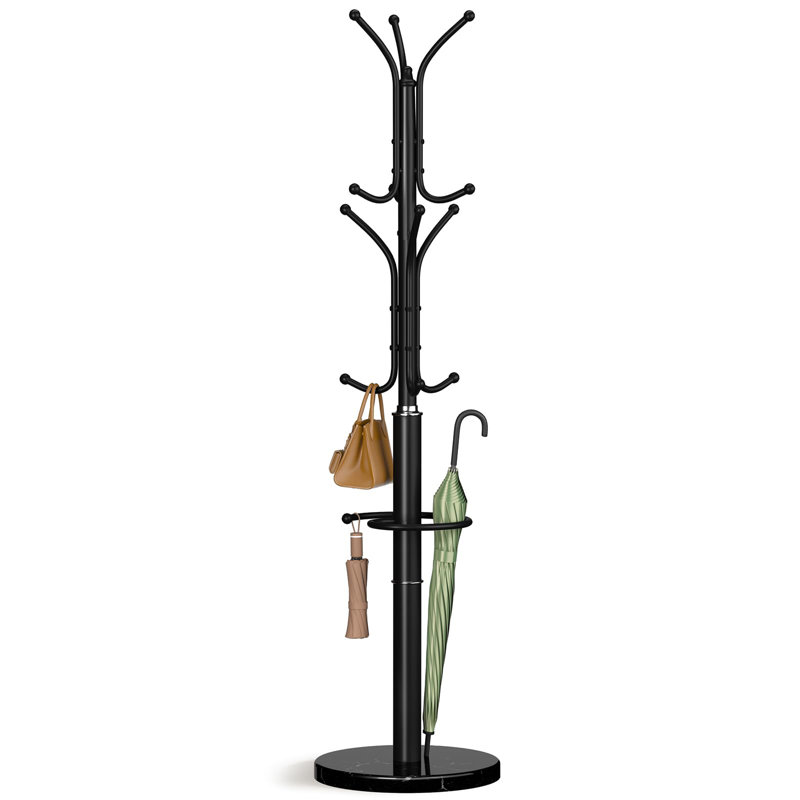 Coat Rack Freestanding with Marble Base, Coat Tree with 12 Hooks & Umbrella Holder, Coat Hanger Stand for Corner Entryway Bedroom Office, Heavy Duty Coat Rack Stand for Clothes Hats Bags, (Black)