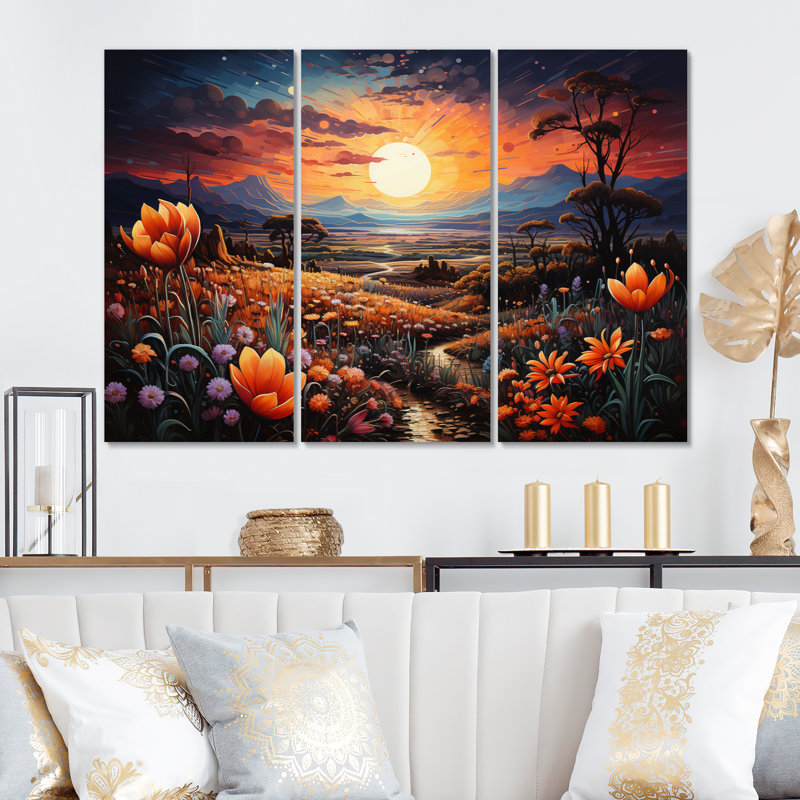 «Western Desert Flowers Pointillism», reproduction d'art sur toile 3 pièces, H 32 po x l 48 po x P 1 po