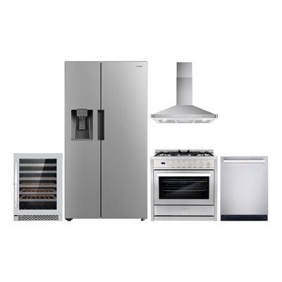 5 Piece Kitchen Package with Side by Side Refrigerator & 36" Gas Range