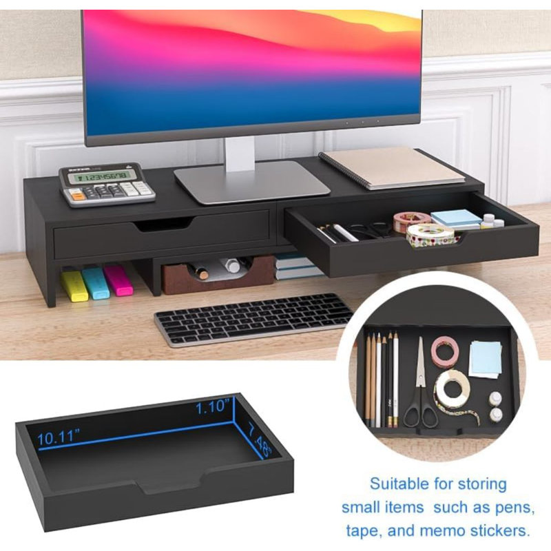 Monitor Stand With 2 Storage Drawers, Premium Bamboo Dual Monitor Stand Riser With Adjustable Length And Angle, Desk Organizer For Computer Laptop,  Black
