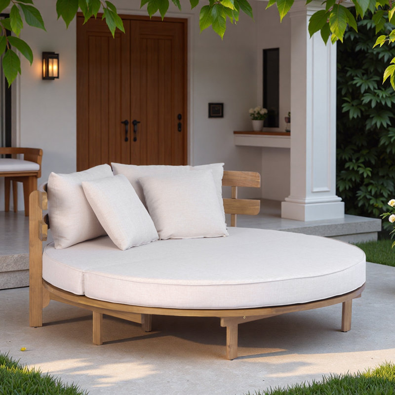 Outdoor Round Daybed With Half-round Slatted Backrest, Soft Pillows, Foldable Cushion, Removable Cushion Covers And Adjustable Foot Pads