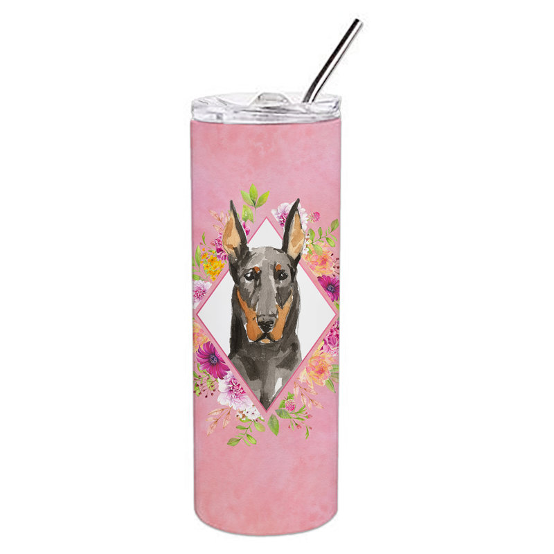 E23BF9F8391D466E9CA4F8DFEBD9A7DB de verre 20 oz à double paroi en acier inoxydable chiot, Gray Doberman Pinscher, Rose