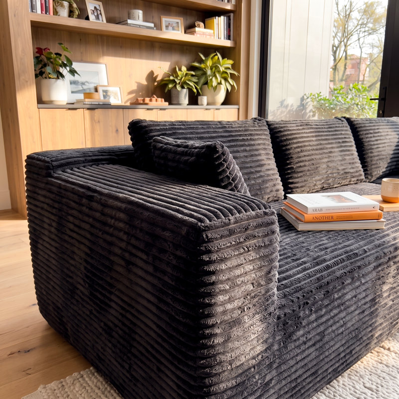 Canapé d'angle en velours côtelé de 106 pouces de large avec assises profondes, méridienne et coussins décoratifs, Noir