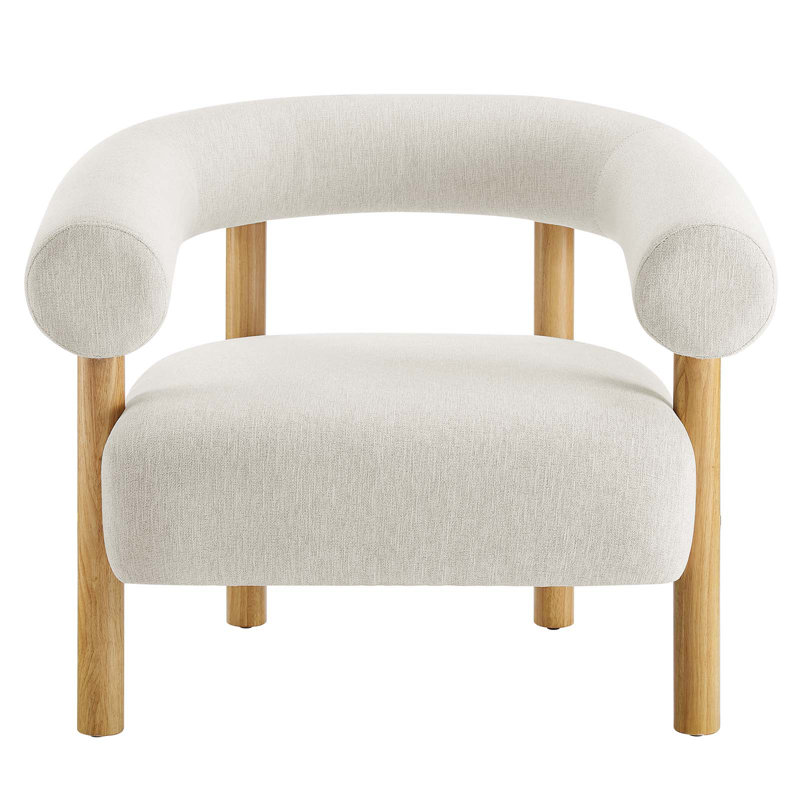 Ivory Natural Upholstered Leather Accent Chair with Wooden Legs