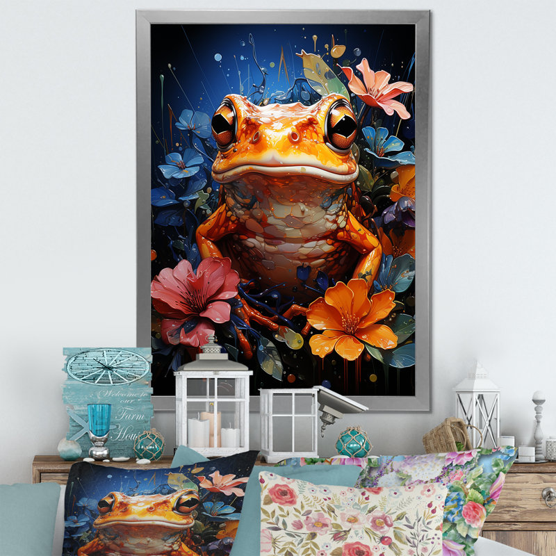 «Expressionist Flower Frog» sur impression sur toile, Cadre simple argenté, H 44 po x l 34 po x P 1,5 po