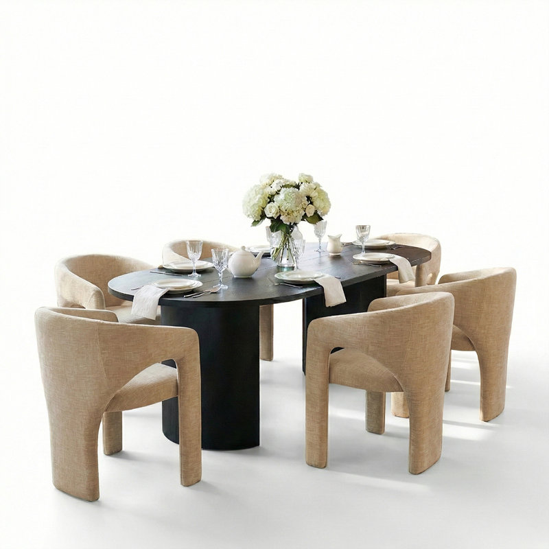 Ensemble de salle à manger 7 pièces moderne avec table à piédestal ovale noire de 79 po et 6 fauteuils sculpturaux à large siège