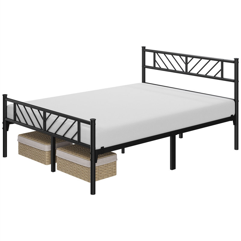 Minimalist Metal Slatted Bed Platform with Arrow Design Headboard, Double (4'6), Black