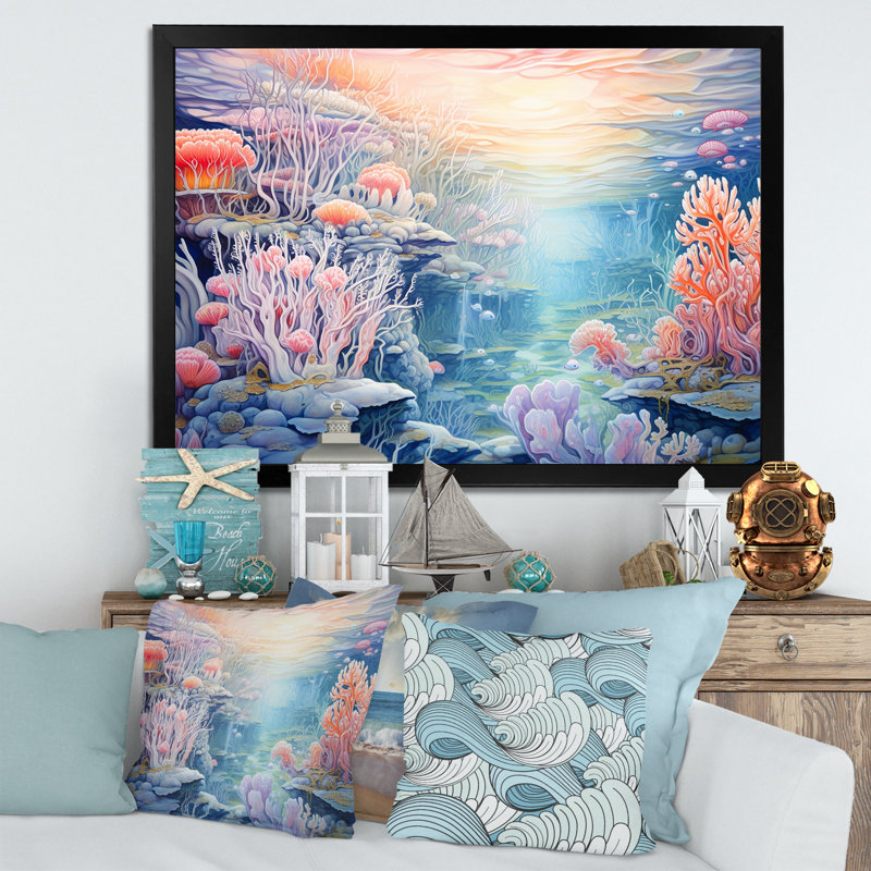 «Turquoise and Pink Underwater World I», reproduction sur toile, H 12 po x l 20 po x P 1 po, Cadre photo noir