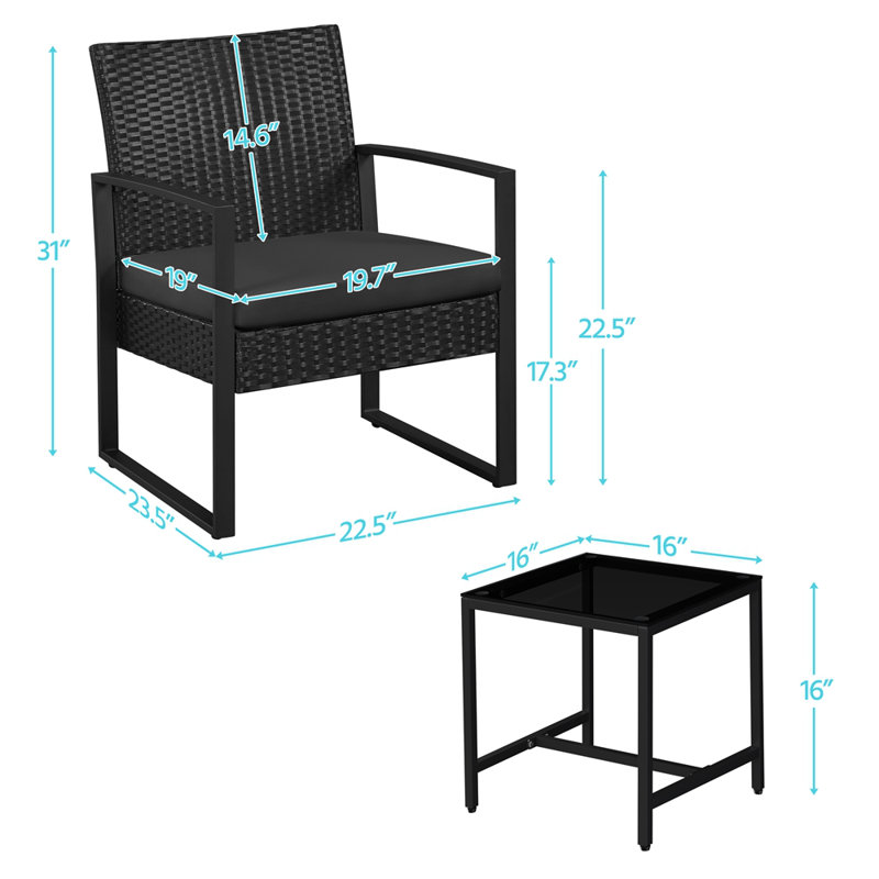 Bowmore 2-Person Patio Furniture Set with Rattan Cushioned Chairs & Metal Table, Black