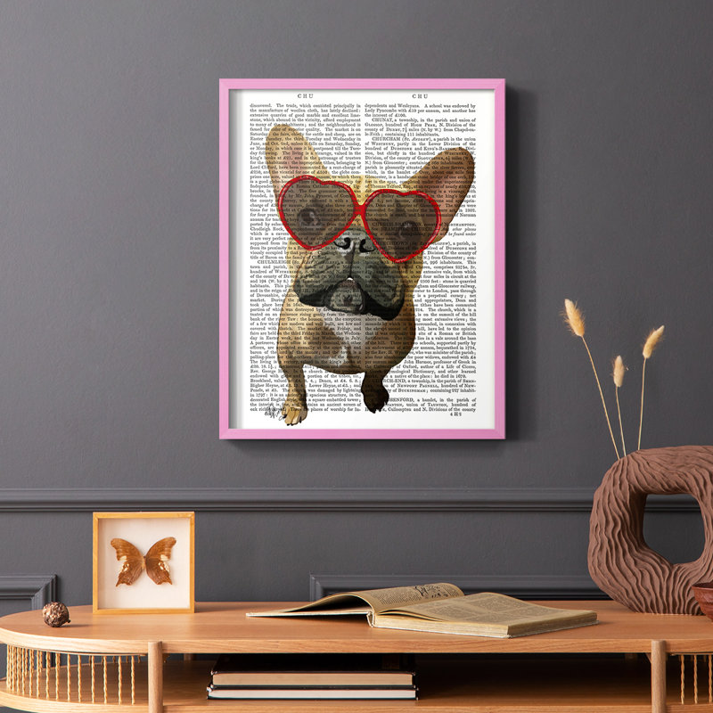Bouledogue français et verres à cœur, reproduction encadrée - bois massif, Cadre photo rose simple, H 10 po x l 8 po