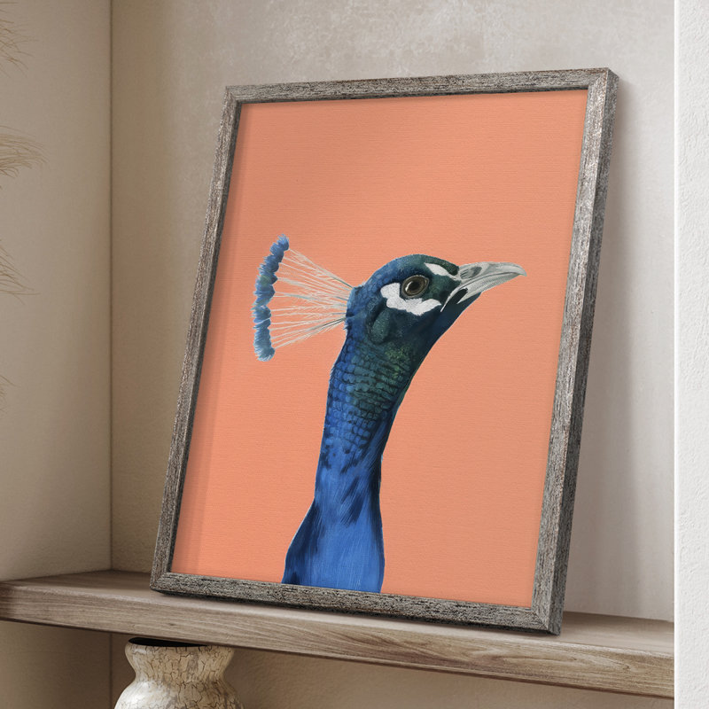 «Peach Peacock Portrait I», reproduction encadrée - bois massif, H 21 po x l 17 po