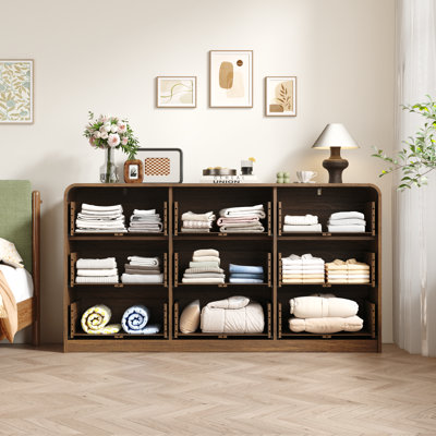 Rattan 9-drawer Dresser, Boho Mid-century Modern Wide Chest Of Drawers With Natural Woven Textures & Gold Knobs