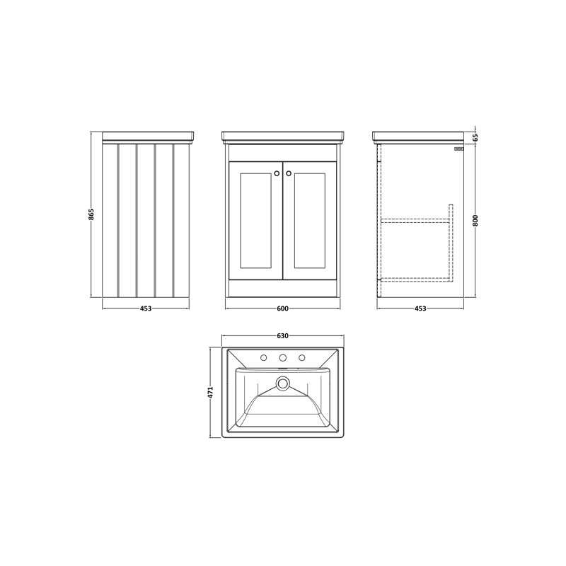 Old London Ashwick Satin Soft Black 600mm Floorstanding 2-Door Unit With Basin 3 Tap Hole