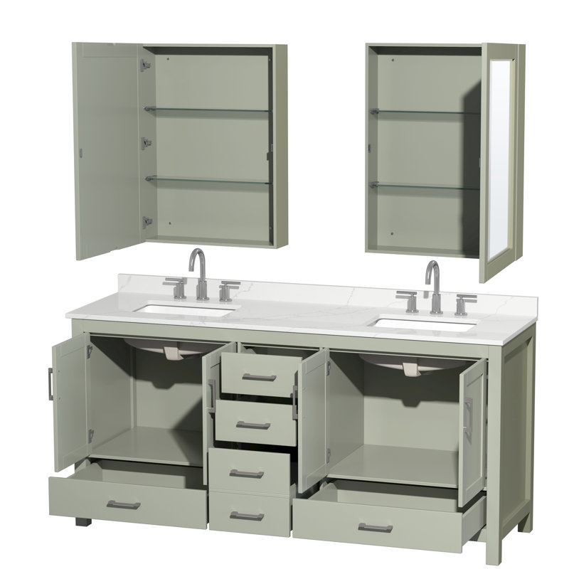 Sheffield 72" Freestanding Double Bathroom Vanity with Quartz Top with Medicine Cabinets, Green, Brushed Nickel