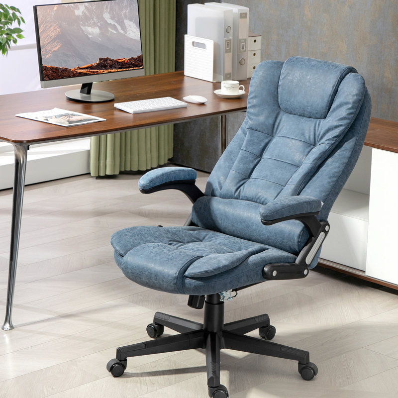 Fauteuil de bureau avec vibration et chauffage, siège en cuir PU bleu, massage par ordinateur et cou réglable, soutien lombaire