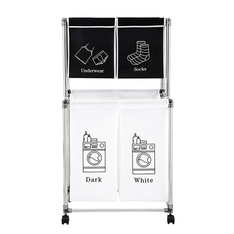 Trieur de linge à 2 niveaux avec 4 sacs amovibles, quatre roues, installation facile, imperméable et robuste