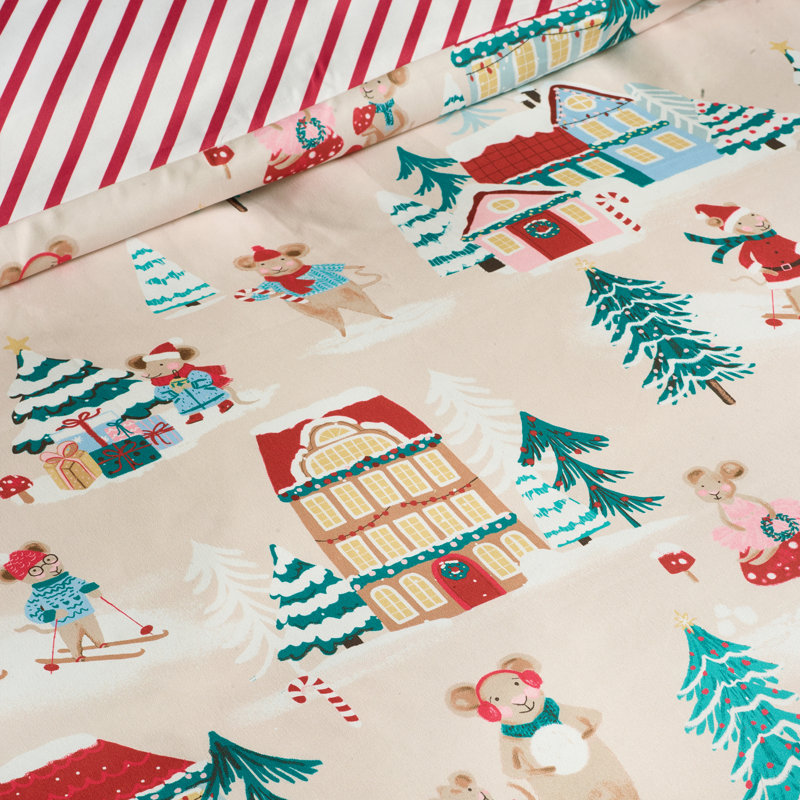 Christmas Mouse Town Reversible Duvet Cover Set, Double