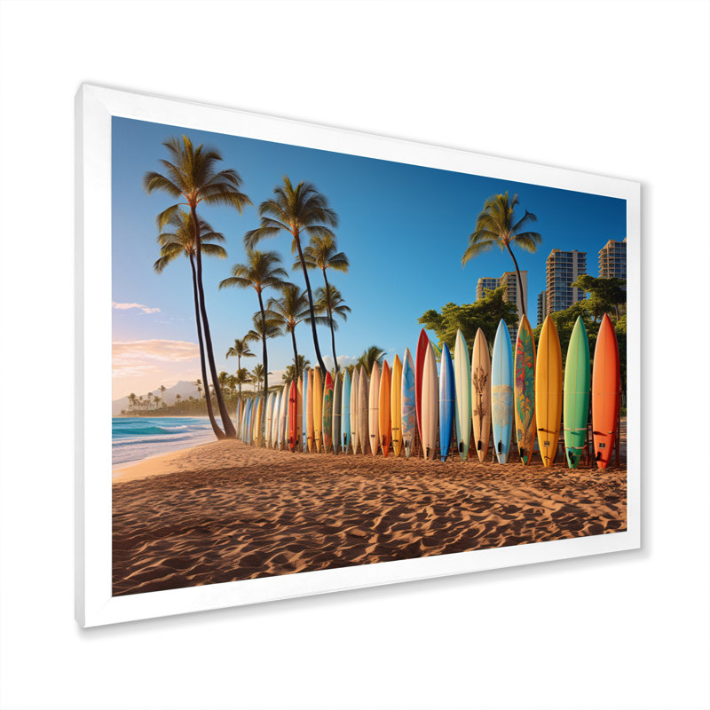 Truitts Hawaii Surfers Paradise - Art mural d'Hawaï, Cadre simple blanc, H 30 po x l 40 po x P 1,5 po