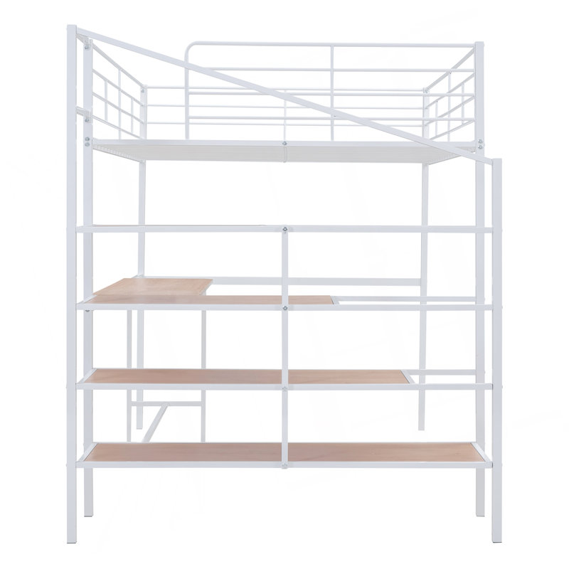 Lit mezzanine double en métal avec bureau et échelle de rangement latérale, Blanc