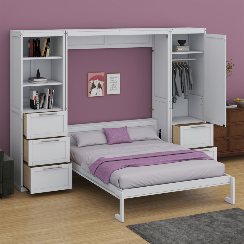 Lit escamotable Murphy avec placard, tiroirs et tablettes, Blanc
