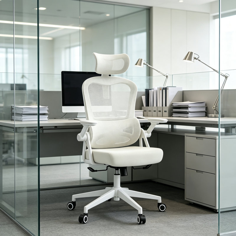 Fauteuil de bureau ergonomique avec support lombaire et accoudoirs relevables Omir, Blanc / kaki