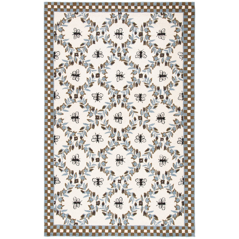Hollander Floral Handmade Tufted Wool Ivory Area Rug, Rectangle 5'3" x 8'3"