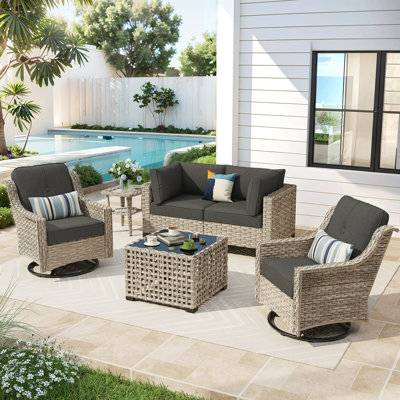 6-Piece Outdoor Patio Furniture Set, All - Weather Wicker Swivel Chairs with Thick Padded Cushions, Love Seat & Coffee Table for Garden, Backyard & Poolside