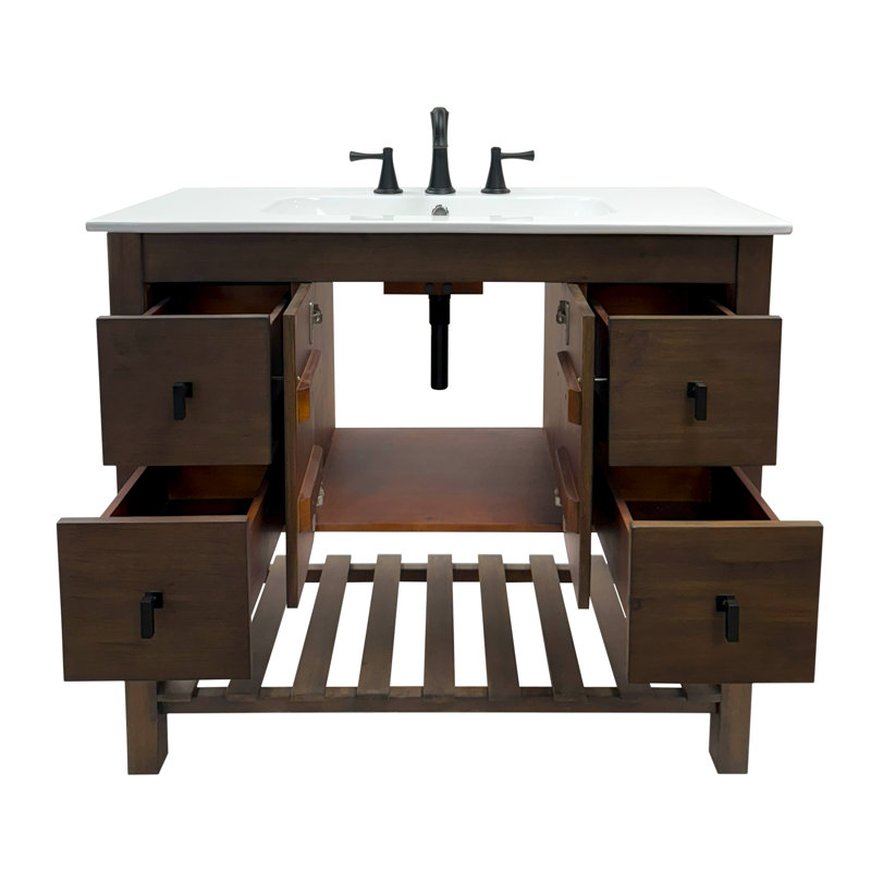 Meuble-lavabo simple 40 po avec finition en bois rustique et comptoir en céramique blanche, Noir mat