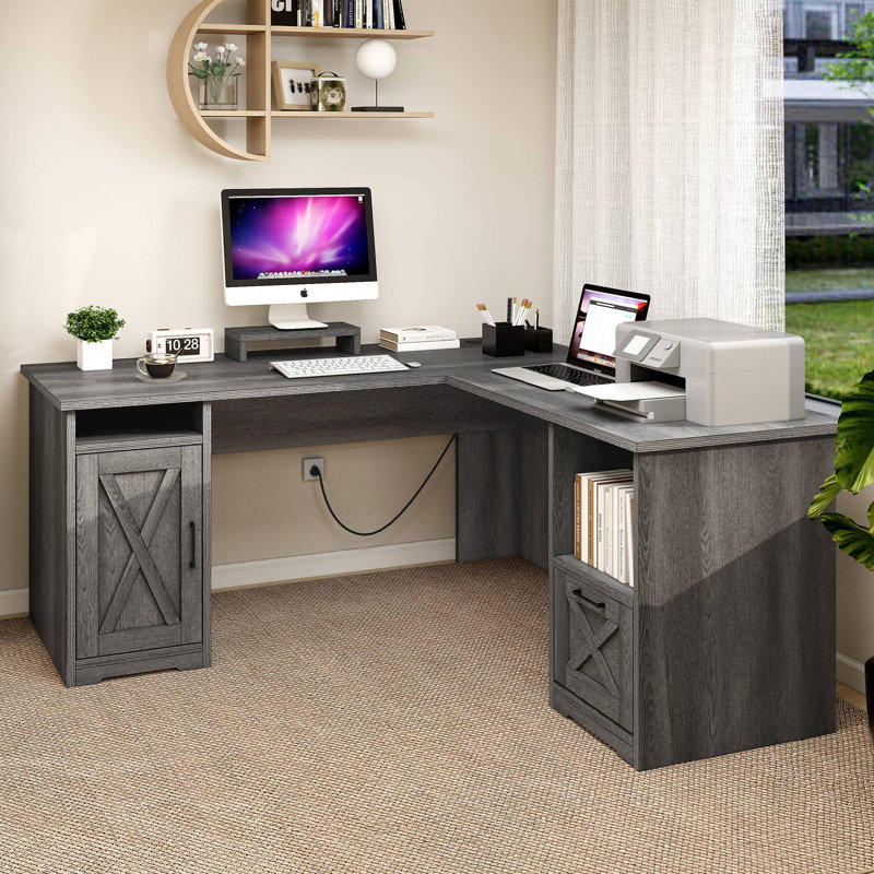 Draco 59" L Shaped Desk with Power Outlets &  File Drawer, Gray