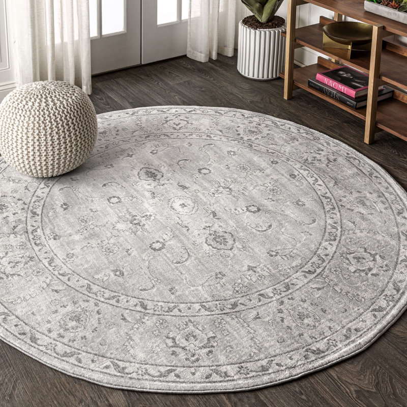 Tapis persan gris pâle rétro moderne Laxton, Rond 5 pi