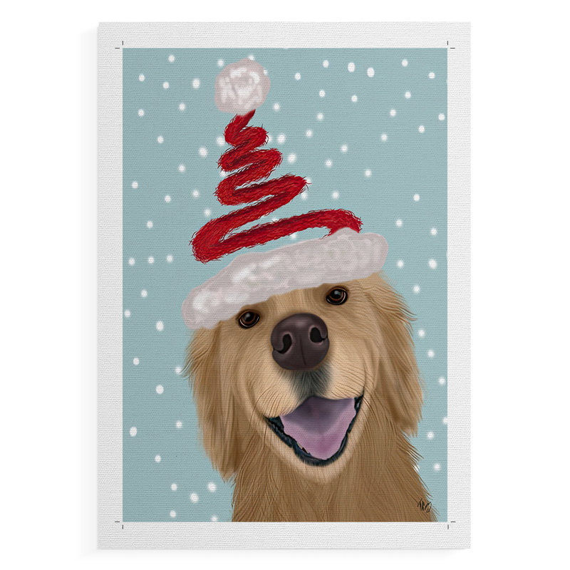 Christmas Golden Retriever and Spring Santa Hat - reproduction de toile seulement - NON-CADRE, H 18 po x l 12 po