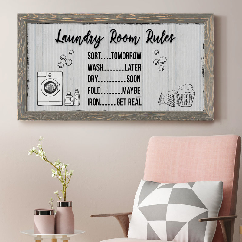 Laundry Room Rules - Art textuel sur toile encadré, Gris
