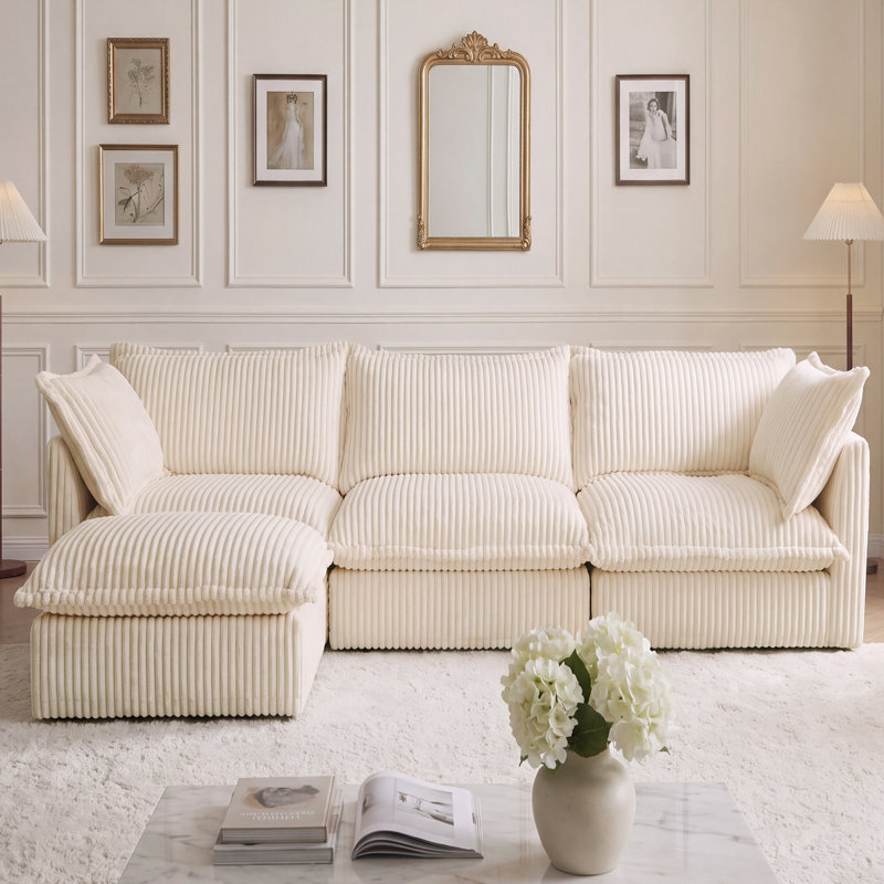 Canapé Corduroy, canapé en L, canapé 3 places, avec repose-pieds, pour le salon, 34.6" H x 120" W x 55"D, Camel