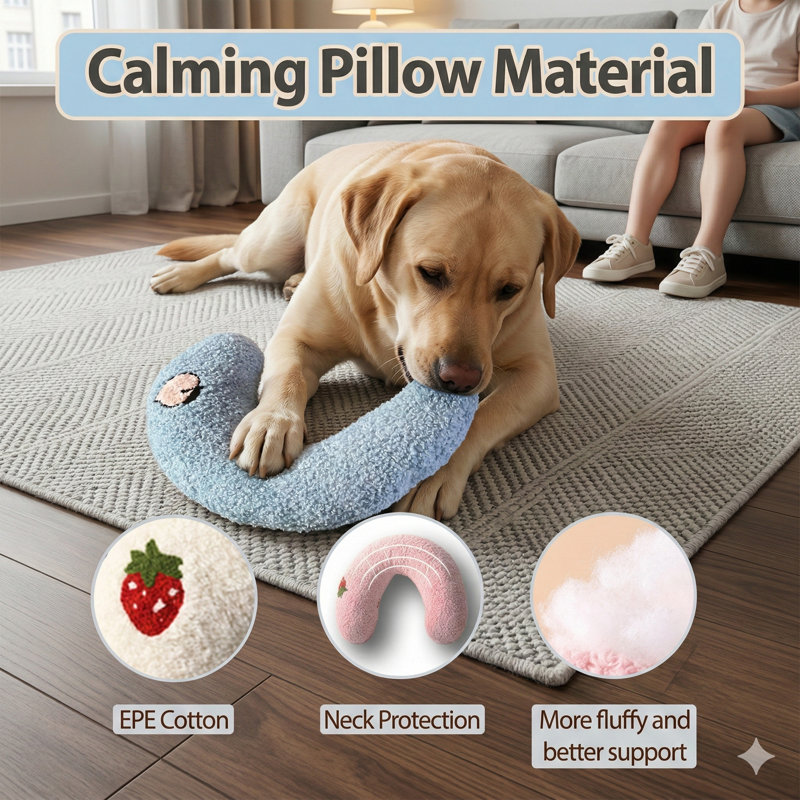 Oreiller apaisant en forme de U conçu pour les chats et les chiens, fabriqué en tissu moelleux ultra-doux, offre un appui-tête confortable et un soutien du cou pour un sommeil profond, convient comme appui-tête de chaton et lit pour animal de compagnie, nuance bleue