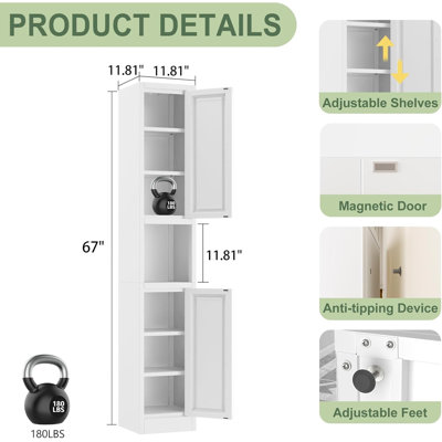 67" Tall Narrow Storage Cabinet Metal Bathroom Cabinet with 2 Doors & 4 Adjustable Shelves for Kitchen, Dining Room, Living Room White