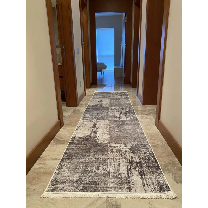 Coton imprimé beige et beige Toscana Tapis chenille antidérapant, Rectangle 6 pi 7 po x 14 pi 9 po
