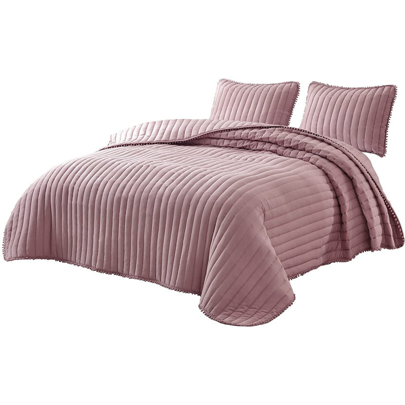 Washed Microfiber Channel Stitch Pom Pom Quilt Set, Twin Quilt + 1 Standard Sham, Pink