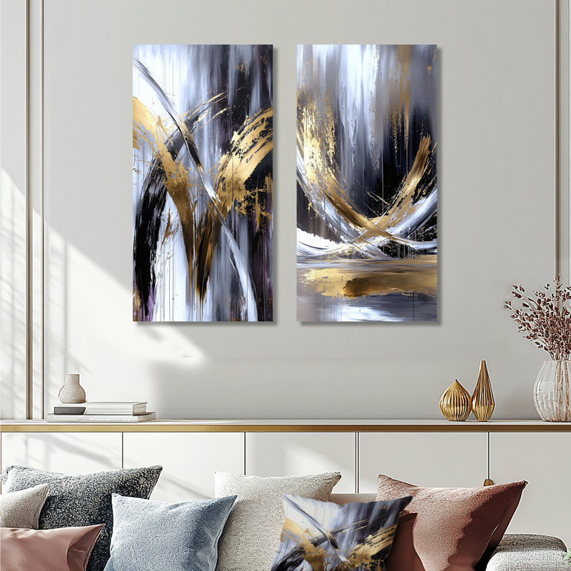 «Gold Sturdy Guardians» orné de gris I - ensemble d'art mural imprimé abstrait 2 pièces, Ne s’applique pas, H 28 po x l 24 po