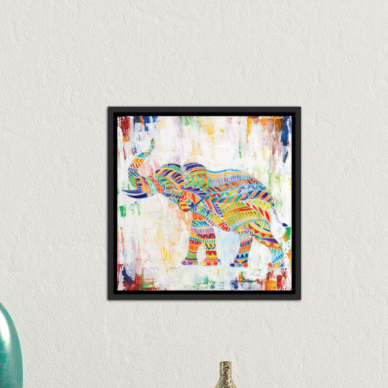« magique éléphant » par tava studios, reproduction d’art, H 18 po x l 18 po x P 1,5 po, Toile avec cadre noir patiné