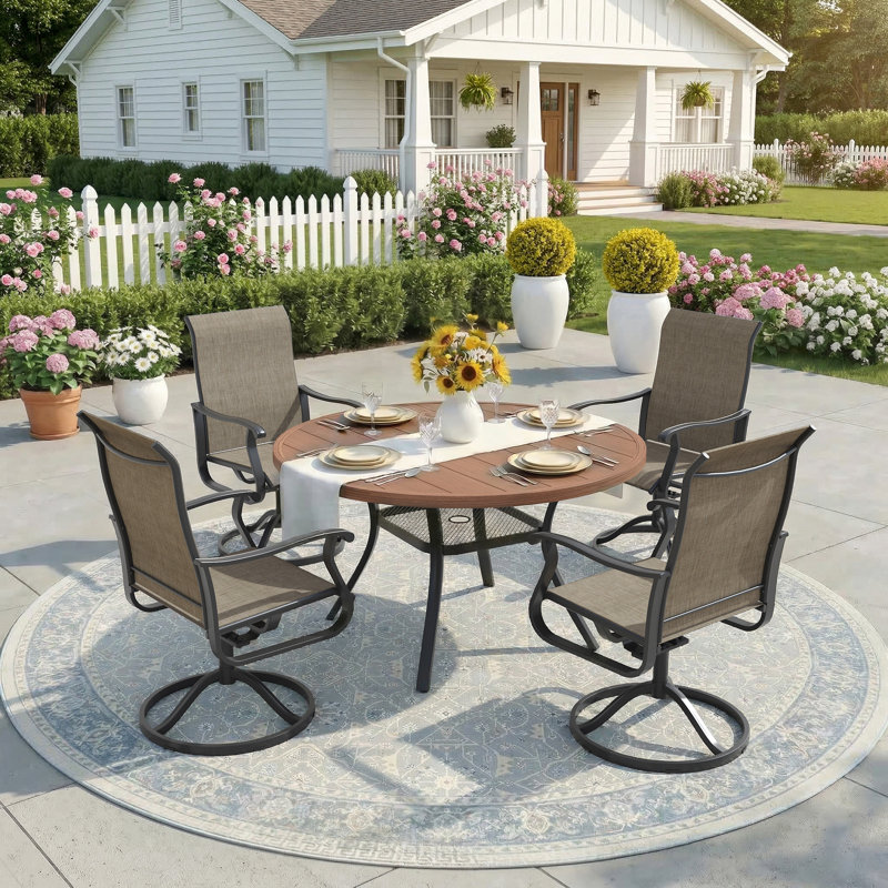 4-Person Round Patio Dining Set With 360° Swivel PVC-Coated Polyester Chairs, Brush Wood Brown/Brown