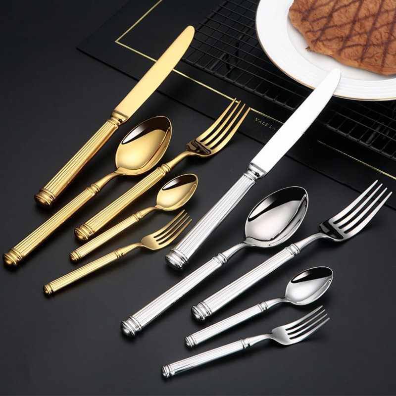 Ensemble de couverts en acier inoxydable forgé de qualité supérieure avec poignée à colonne romaine - comprend un couteau, une fourchette, une cuillère, une cuillère à café et une fourchette à dessert