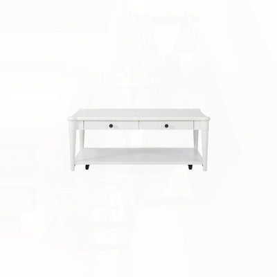 Table basse à finition blanche avec deux tiroirs de rangement et roulettes