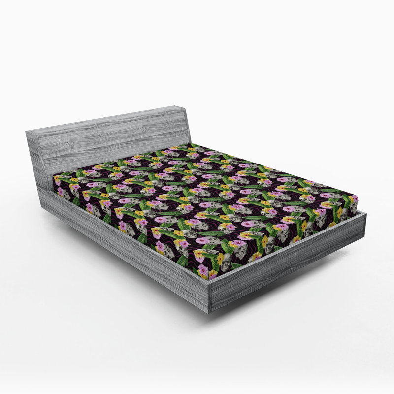 Ambesonne Nature Fitted Sheet Leaves Botanical Style Art,  Purple/Multicolor Floral, King Fitted Sheet