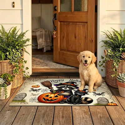  Non-Slip Indoor Outdoor Door Mat, 16"x24",raccoon witch cat halloween