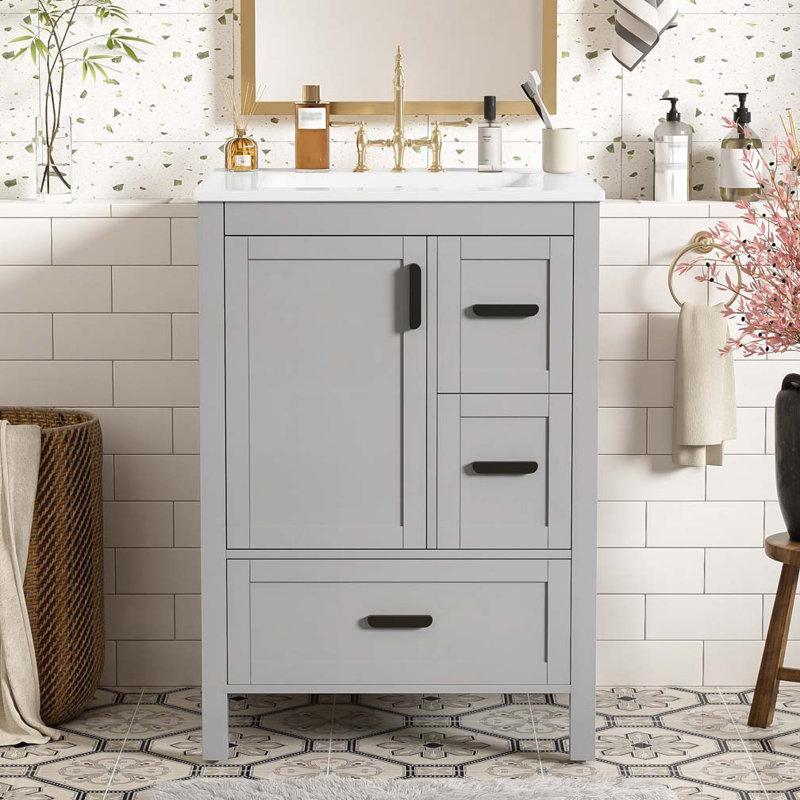 Meuble-lavabo de salle de bain avec lavabo en céramique, 3 tiroirs et 1 porte, rangement polyvalent, Gris