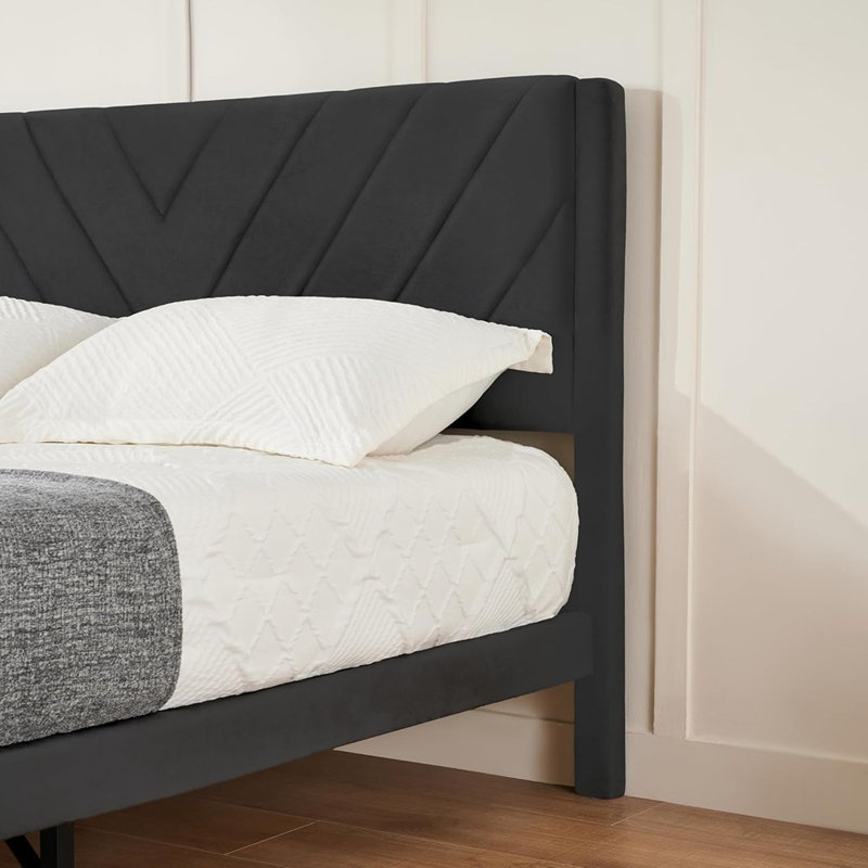 Structure de lit plateforme double avec tête de lit tapissier en velours et support de lattes en bois robuste, structure en métal, facile à assembler, aucun sommier tapissier, antidérapant, sommier noir (noir, double)