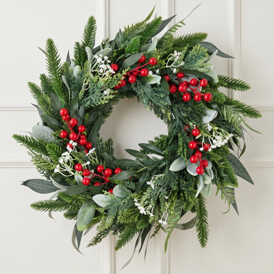 19.69" Artificial Lambs Ear & Cypress Wreath with Red Berries for Front Door, Farmhouse Faux Greenery Christmas Wreath for Indoor Outdoor Holiday Home Decor